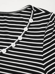 V-neck Curved Hem Striped Button Long Sleeve Tee