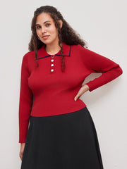 Knit Collar Solid Button Long Sleeve Sweater Curve & Plus