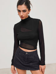 High Neck Patched Long Sleeve Crop Top