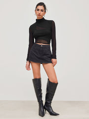 High Neck Patched Long Sleeve Crop Top