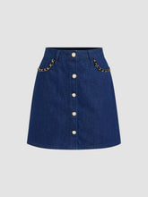 Denim Low Rise Solid Pearl Chain Detail Mini Skirt
