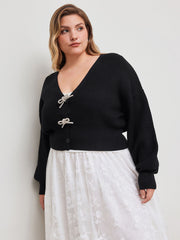 Knit V-neck Solid Bowknot Crop Cardigan Curve & Plus