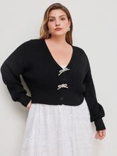Knit V-neck Solid Bowknot Crop Cardigan Curve & Plus