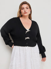Knit V-neck Solid Bowknot Crop Cardigan Curve & Plus