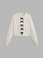 Knit Round Neckline Bowknot Tie Front Cardigan