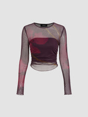 Mesh Round Neckline Floral Top With Solid Crop Tube Top