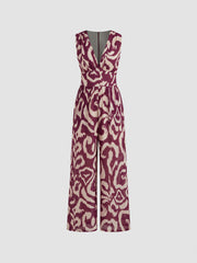Woven V-neck Abstract Sleeveless Wide Leg Jumpsuit
