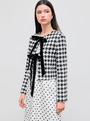 Tweed Round Neckline Houndstooth Tie Front Jacket