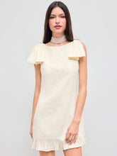 Cotton-blend Boat Neck Solid Sequin Lettuce Trim Bowknot Mini Dress