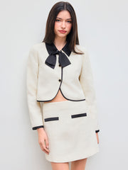 Tweed Collar Contrasting Binding Knotted Pocket Top