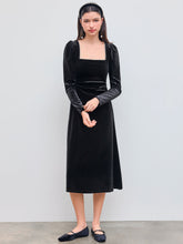 Velvet Square Neck Pearl Ruched Midi Dress