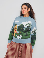 Jacquard Knit Round Neckline Oil Painting Bear Long Sleeve Sweater Curve & Plus