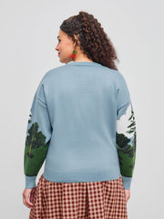 Jacquard Knit Round Neckline Oil Painting Bear Long Sleeve Sweater Curve & Plus