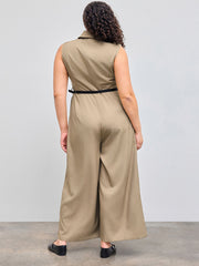 Collar Solid Button Pocket Jumpsuit With Belt Curve & Plus