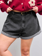 Pocket Denim Shorts With Belt Curve & Plus