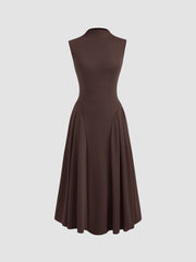 High Neck Solid Ruffle Midi Dress