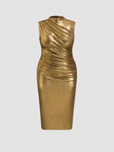 Metallic Stand Collar Solid Ruched Midi Dress Curve & Plus