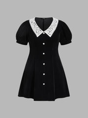 Velvet V-neck Solid Button Mini Dress Curve & Plus