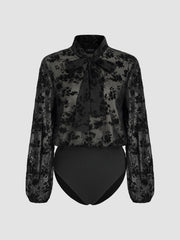 Lace Stand Collar Floral Knotted Shirt Bodysuit
