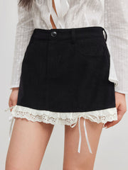 Corduroy Low Rise Solid Broderie Anglaise Hem Knotted Mini Skirt