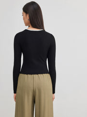 Round Neckline Solid Asymmetrical Button Long Sleeve Top