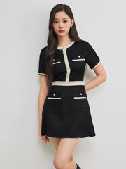 Tweed Round Neckline Contrasting Binding Pearl Button Mini Dress