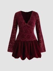 Lace V-neck Floral Bubble Hem Mini Dress