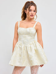 Jacquard Scoop Neckline Floral Solid Ruffle Hem Mini Dress