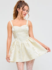 Jacquard Scoop Neckline Floral Solid Ruffle Hem Mini Dress