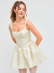 Jacquard Scoop Neckline Floral Solid Ruffle Hem Mini Dress