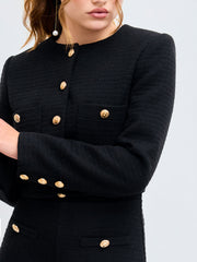 Tweed Round Neckline Solid Button Pocket Jacket
