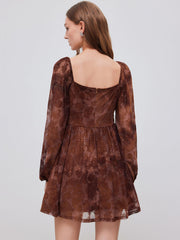 Mesh Sweetheart Floral Ruffle Long Sleeve Mini Dress