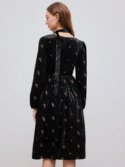 Velvet V-neck Floral Embroidery Midi Dress With Scarf