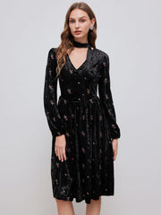 Velvet V-neck Floral Embroidery Midi Dress With Scarf