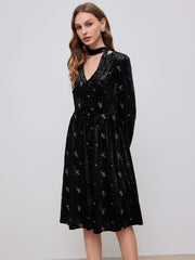 Velvet V-neck Floral Embroidery Midi Dress With Scarf