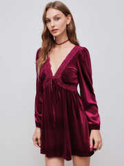 Velvet V-neck Knotted Lace Ruffle Mini Dress