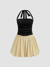 Velvet Halter Bubble Hem Two Tone Ruched Mini Dress