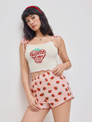 U-neckline Strawberry Graphic Cami Top & High Waist Shorts Lounge Set