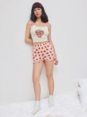 U-neckline Strawberry Graphic Cami Top & High Waist Shorts Lounge Set