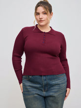 Knit Polo Solid Button Long Sleeve Top Curve & Plus