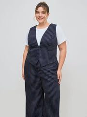V-neck Stripe Button Tank Top & Mid Rise Pocket Straight Leg Trousers Set Curve & Plus
