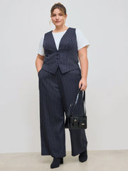 V-neck Stripe Button Tank Top & Mid Rise Pocket Straight Leg Trousers Set Curve & Plus