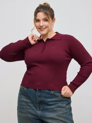Knit Polo Solid Button Long Sleeve Top Curve & Plus