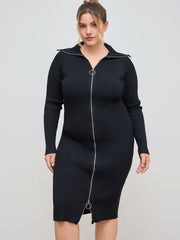 Knit Collar Solid Zipper Midi Dress Curve & Plus