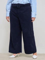 Corduroy Mid Rise Straight Leg Trousers With Belt Curve & Plus
