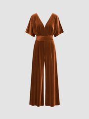 Velvet V-neck Solid Ruffle Jumpsuit
