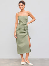 Cotton-blend Square Neck Solid Ruched Drawstring Midi Dress