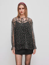 Mesh Stand Collar Floral Oversized Blouse & Cami Top