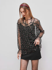 Mesh Stand Collar Floral Oversized Blouse & Cami Top
