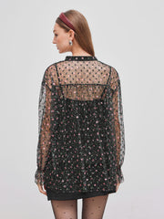 Mesh Stand Collar Floral Oversized Blouse & Cami Top